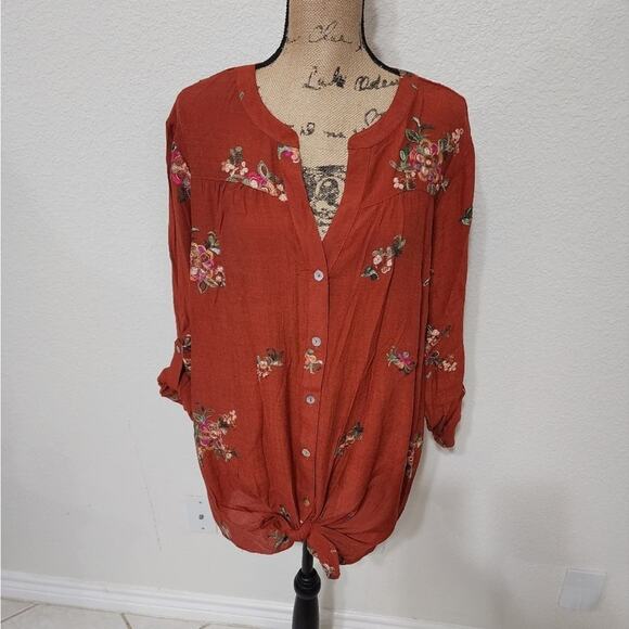 Anthropologie x fig & flower‎ embroidered floral button down shirt plus size 3X - Picture 1 of 8